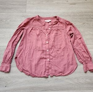 Loft Pink Stripe Button Shirt Womens Xs Long Puffed Sleeves Cotton Shirttail